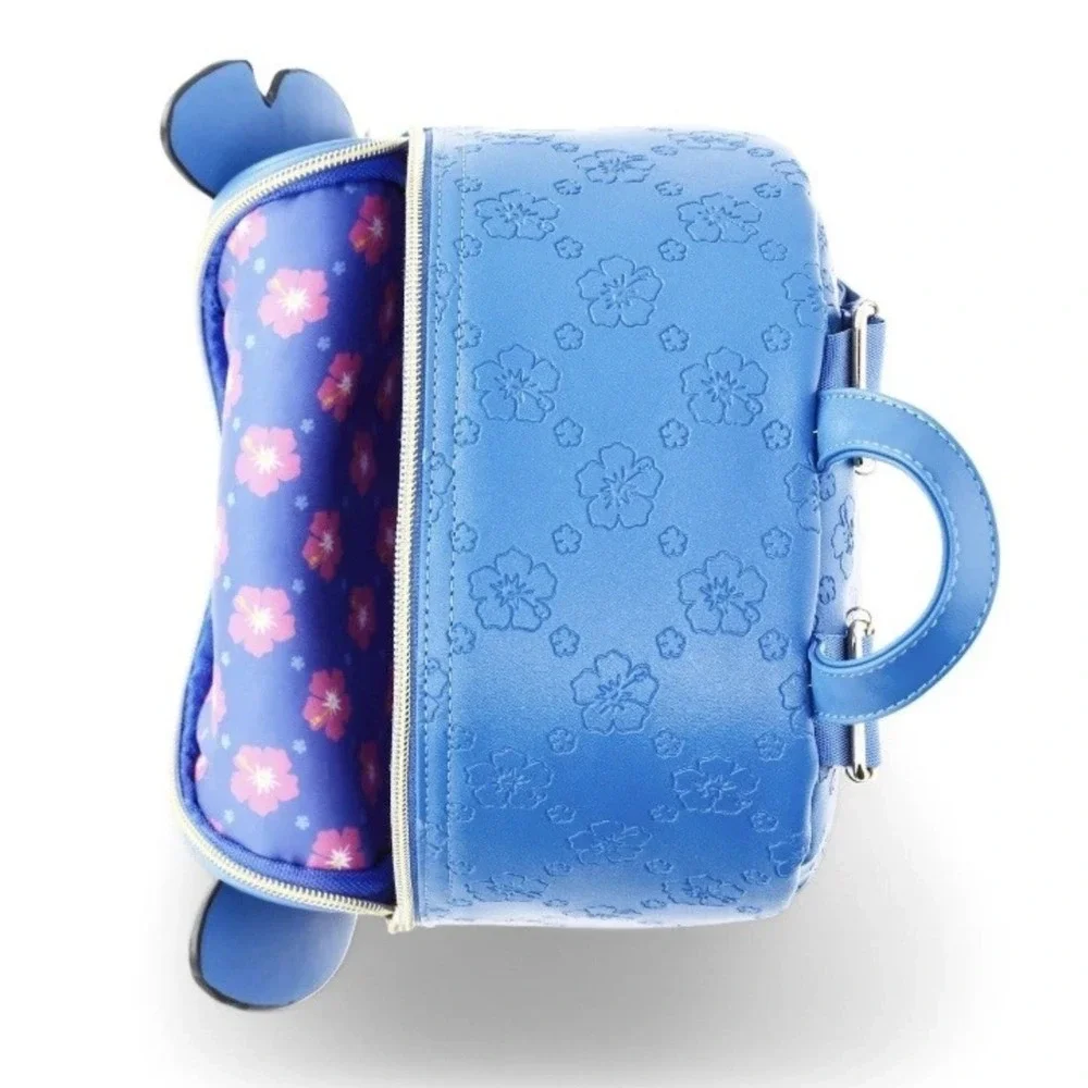 Disney Stitch Blue Hibiscus Floral Embossed Mini Backpack 3D Ears Faux Leather